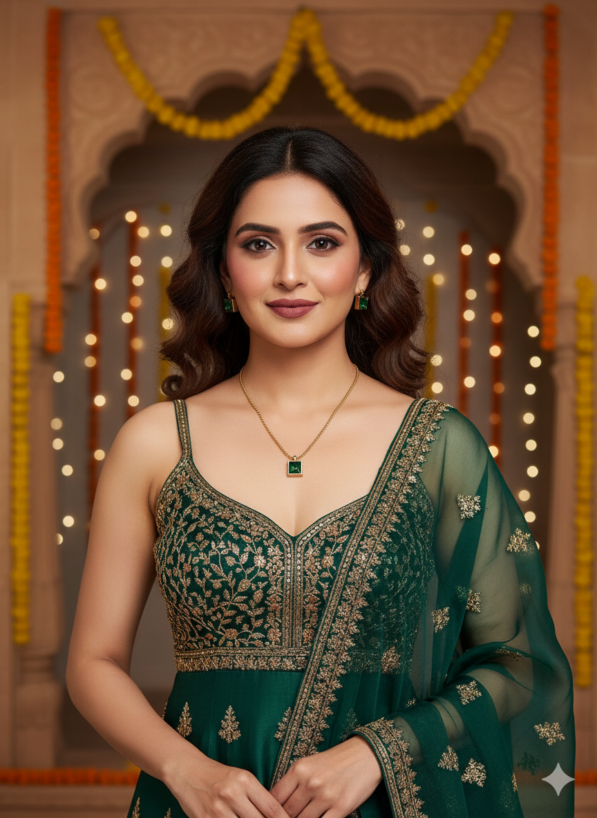 Elegant Square Green Gemstone Pendant Necklace & stud Earrings Set