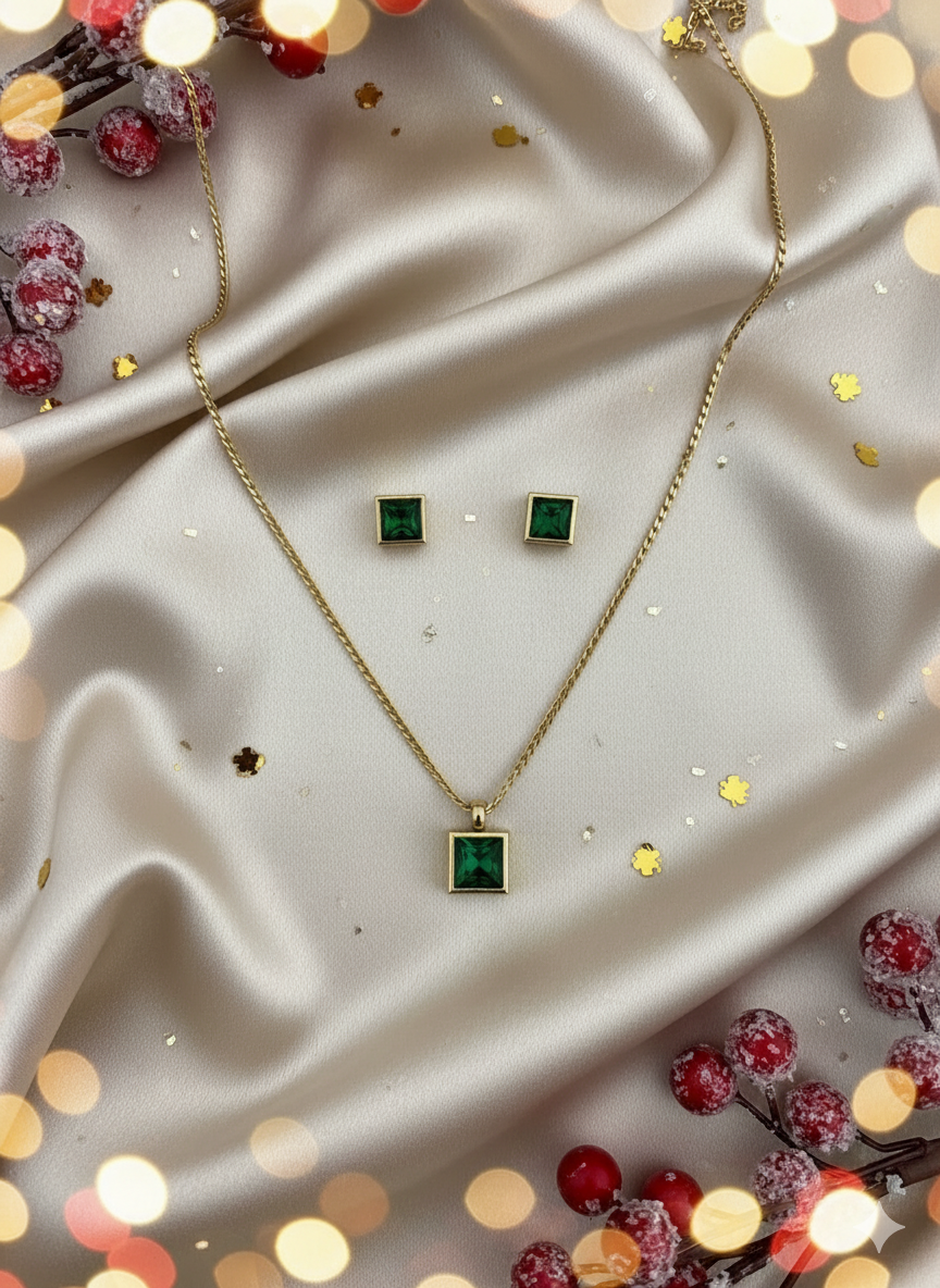 Elegant Square Green Gemstone Pendant Necklace & stud Earrings Set