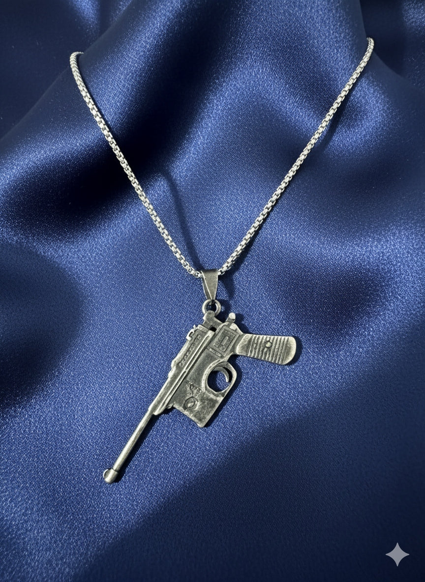 Silver Mauser C96 Gun Pendant Necklace in Silver Tone - Product View