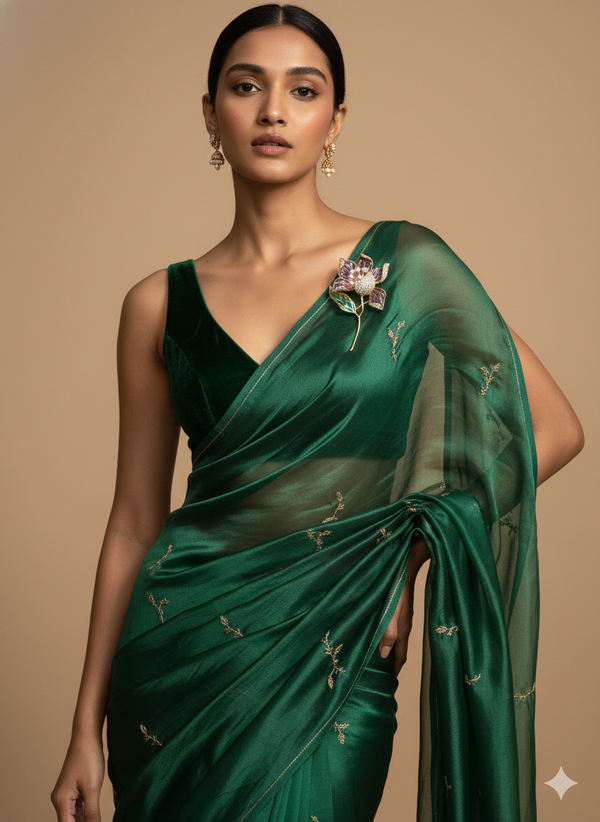 Floral Crystal Brooch in Gold with Green and Pearl Detailing