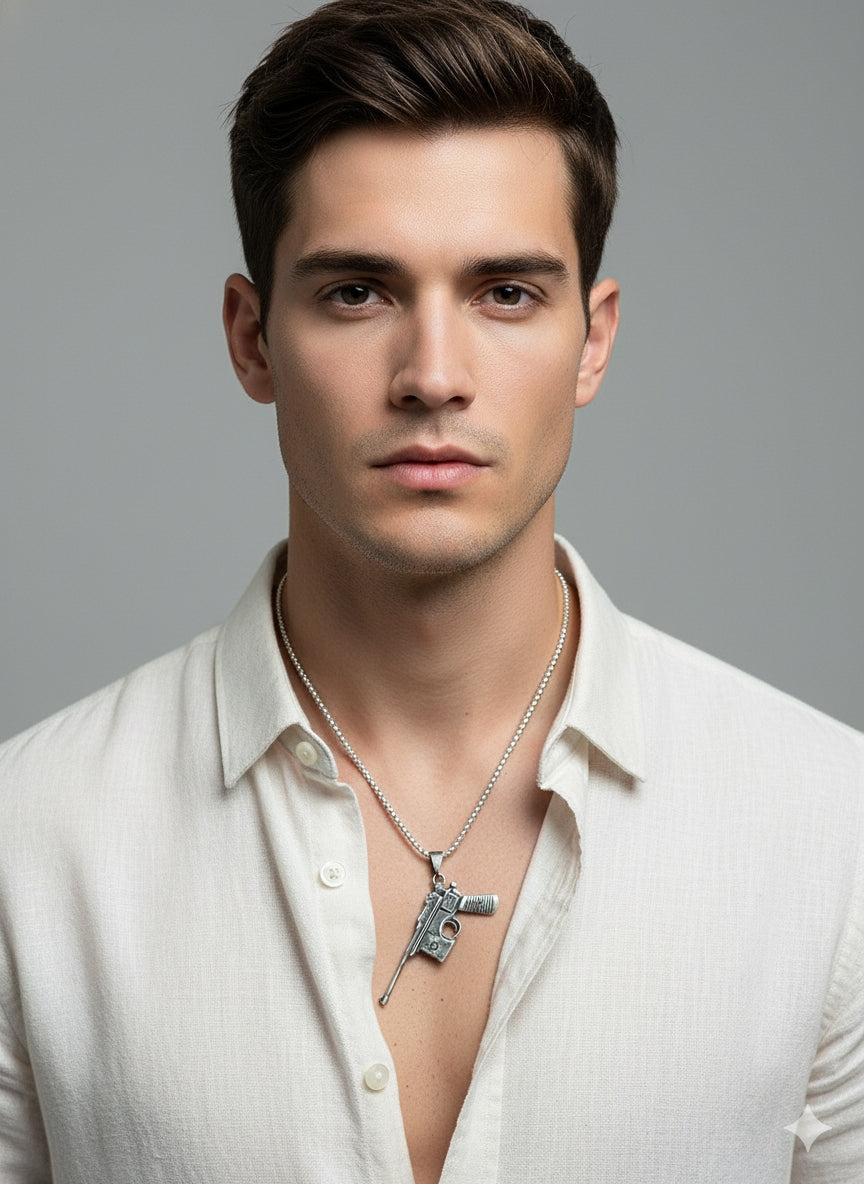 Silver Mauser C96 Gun Pendant Necklace