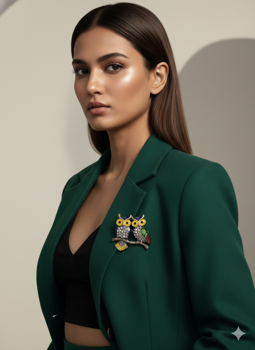 Couple Owl Brooch with Yellow Eyes and Crystal Wings