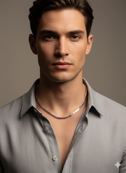 Men's Elegant Striped Metal Necklace in Silver Tone - Styled View