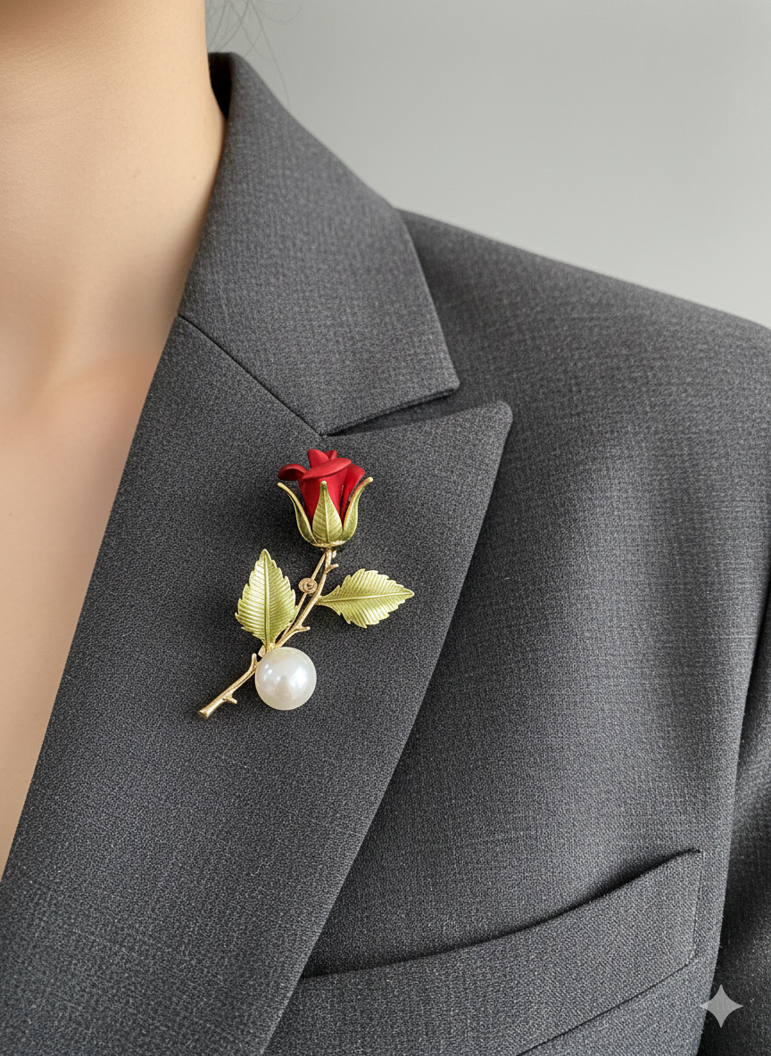 Red Rose Pearl Brooch for Blazers