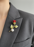 Red Rose Pearl Brooch for Blazers
