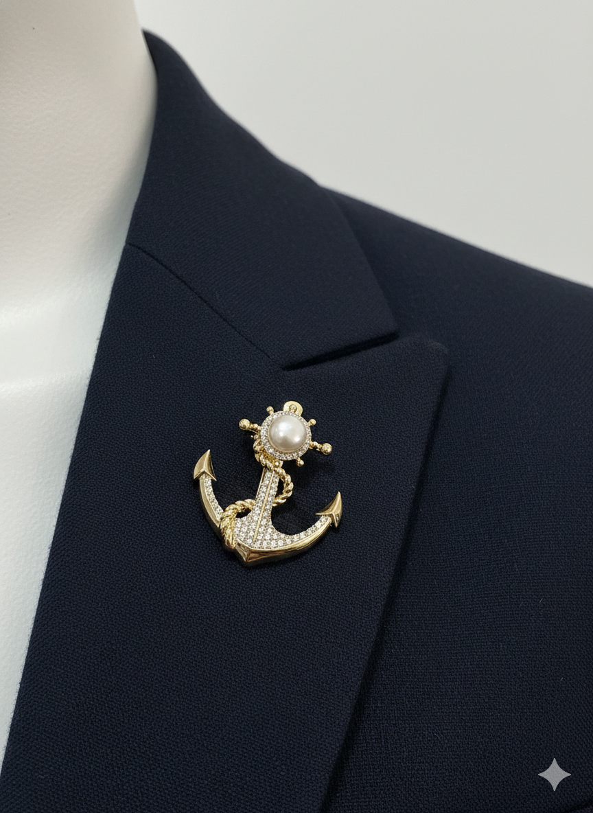 Anchor Pearl Brooch for Men – Gold & White Accent