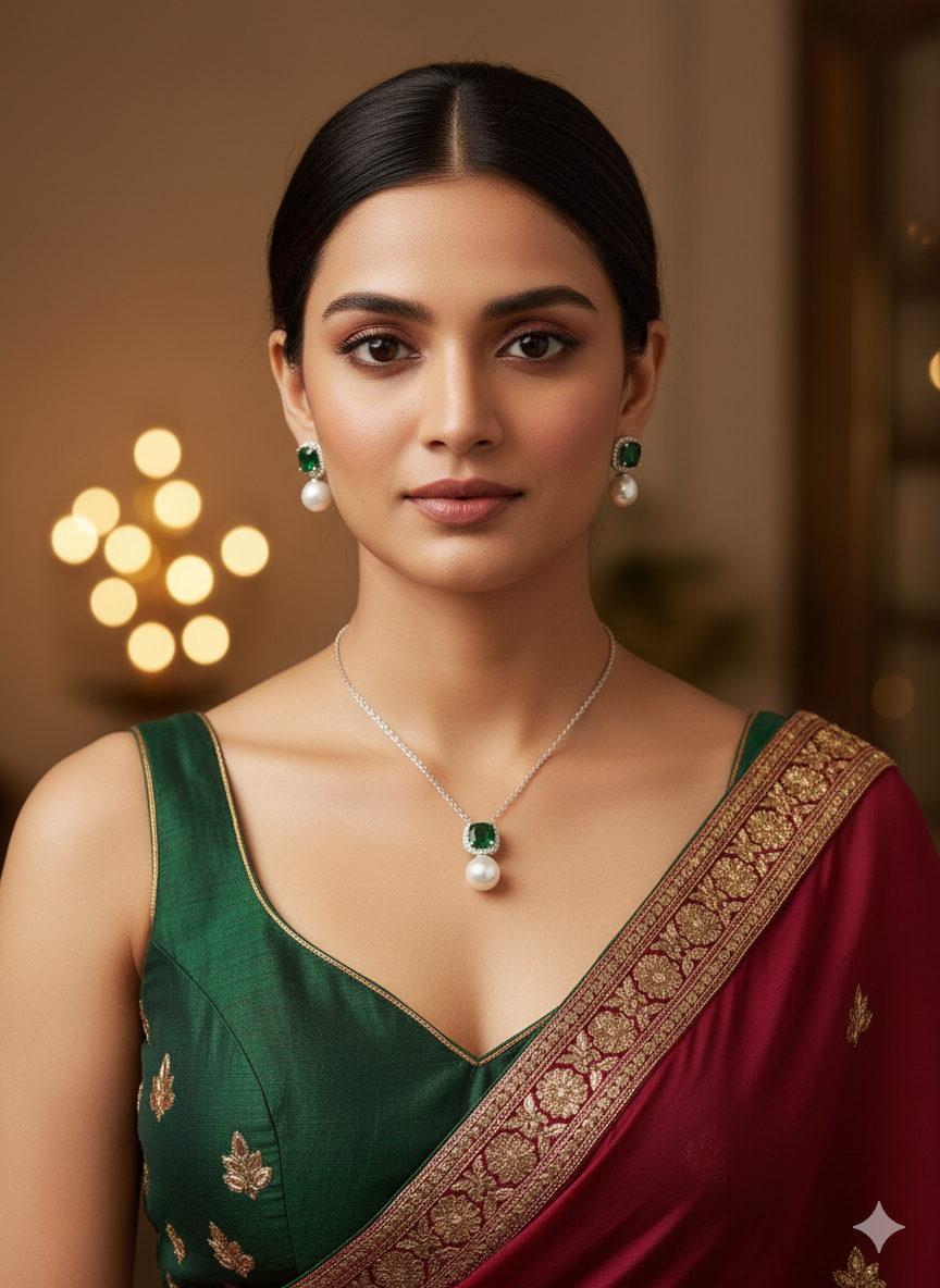 Emerald Green & Pearl Drop Jewellery Set