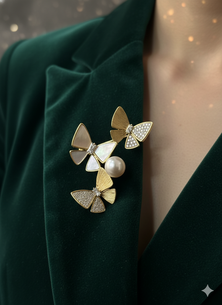 Butterfly Cluster Gold-Tone Brooch with Pearl Accent