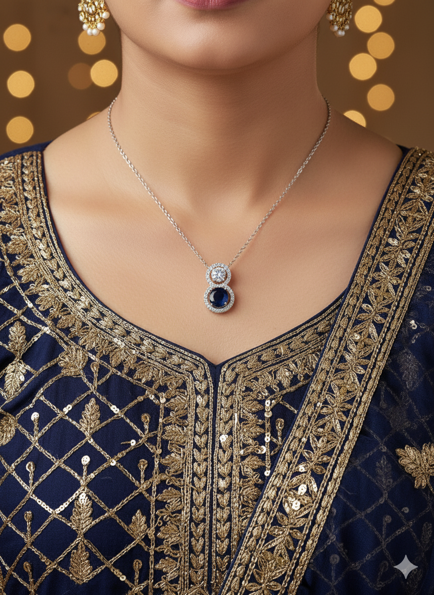Elegant Blue sapphire diamond Necklace & Earrings Set in Blue and Silver Tone - Styled View