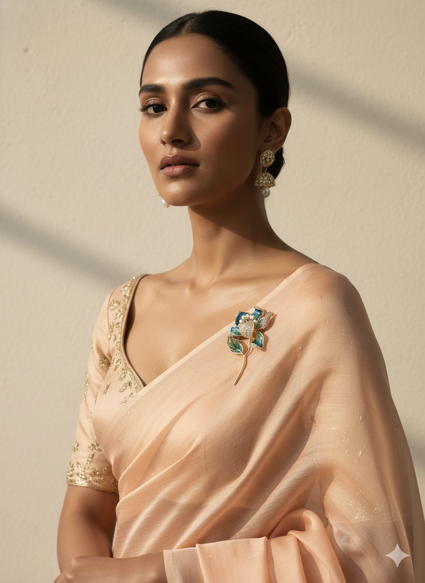 Floral Pearl & Leaf Enamel Brooch in Gold Finish