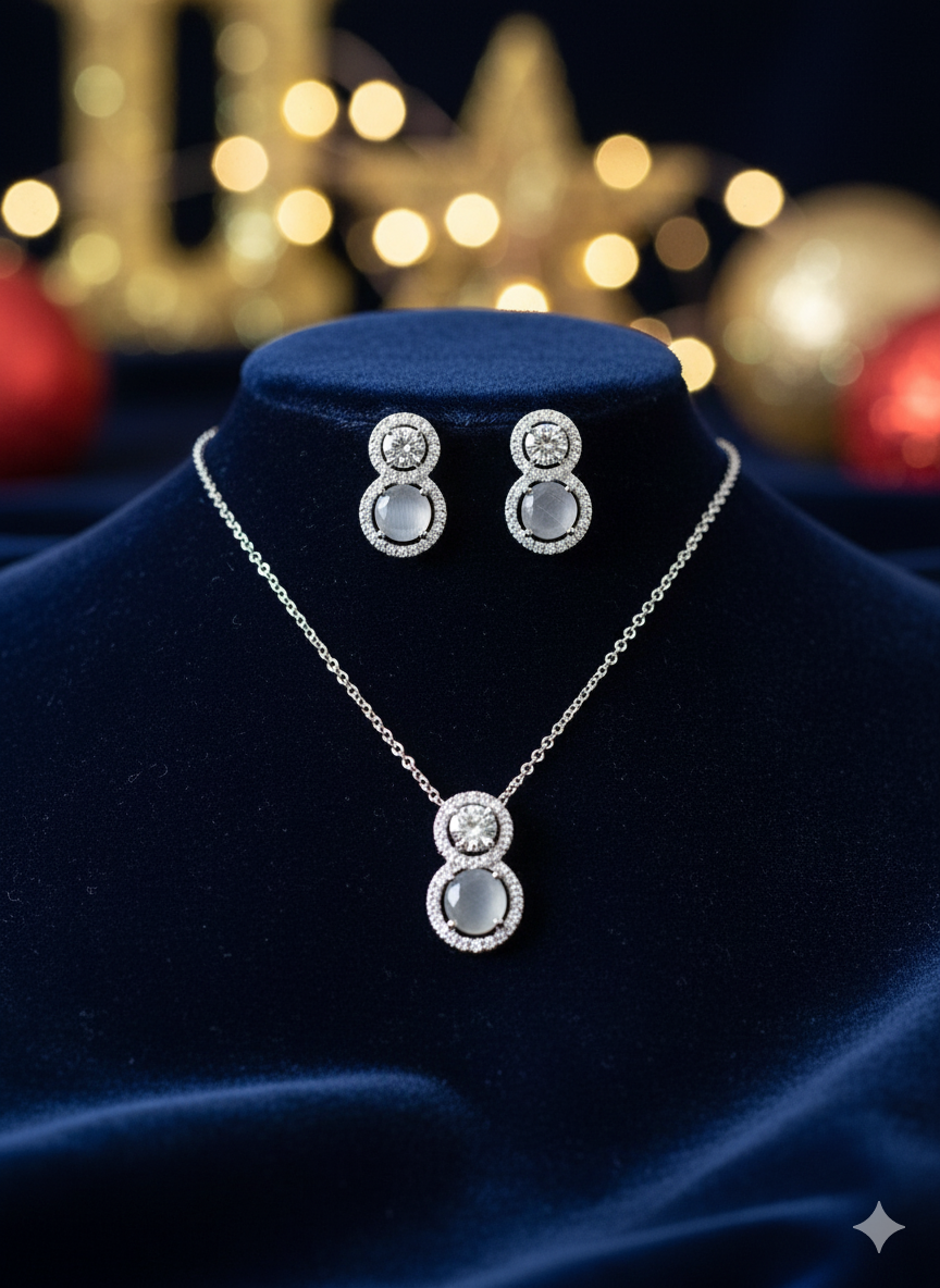 Elegant Double Halo Diamond Pendant necklace & earring set