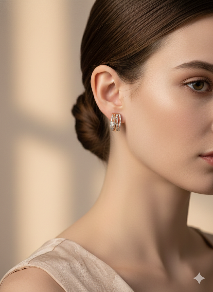 Golden Crossover Pavé Hoop Earrings