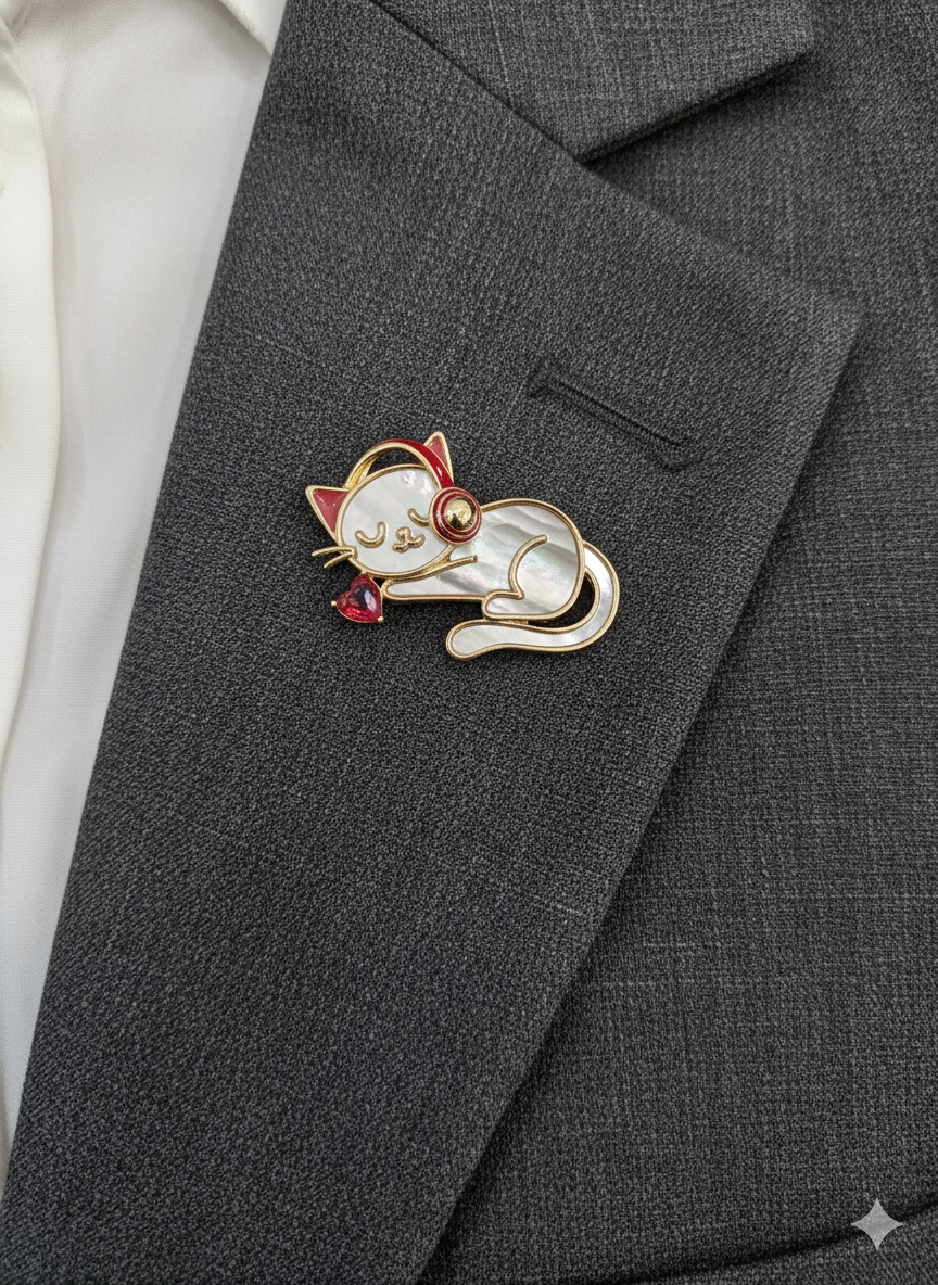 Sleepy Cat with Headphones Enamel Brooch