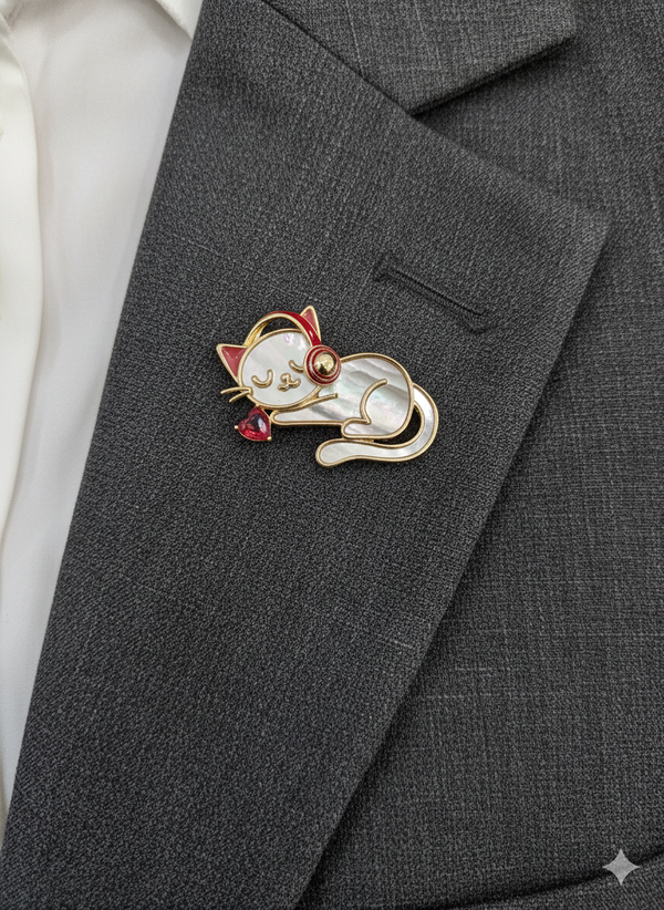 Sleepy Cat with Headphones Enamel Brooch