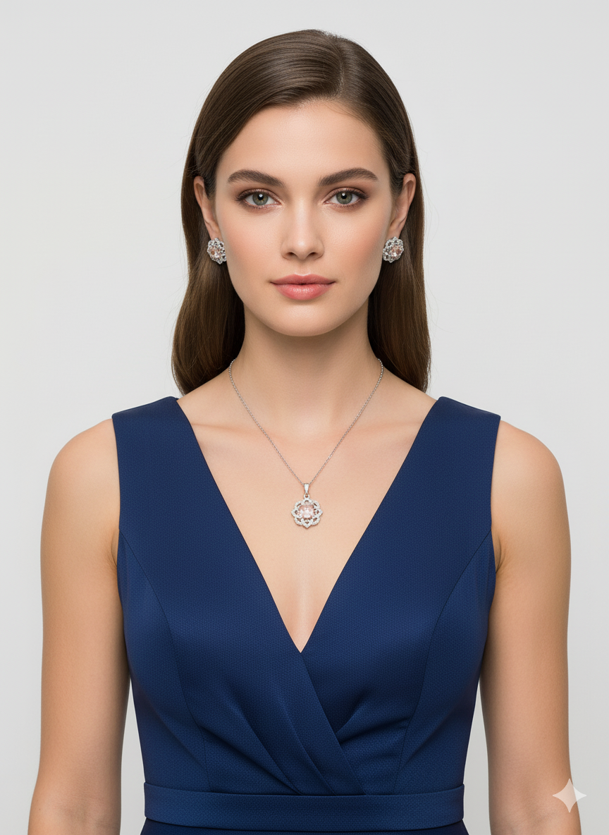 Elegant Floral Crystal Pendant Necklace & Earring Set