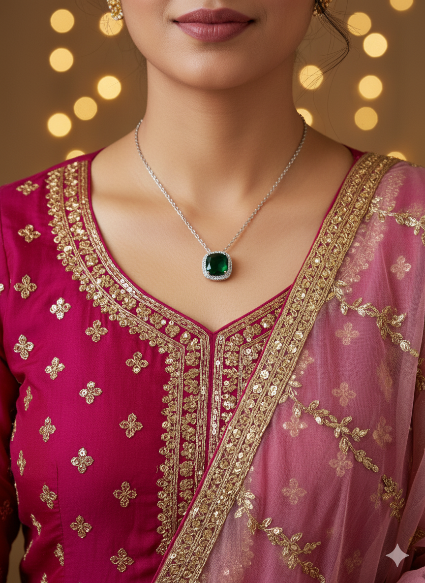 Square Emerald pendant with silver chain set