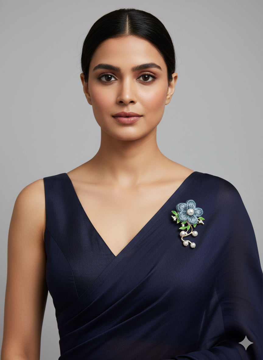 Blue Bloom Pearl Floral Brooch in Metal - Styled View