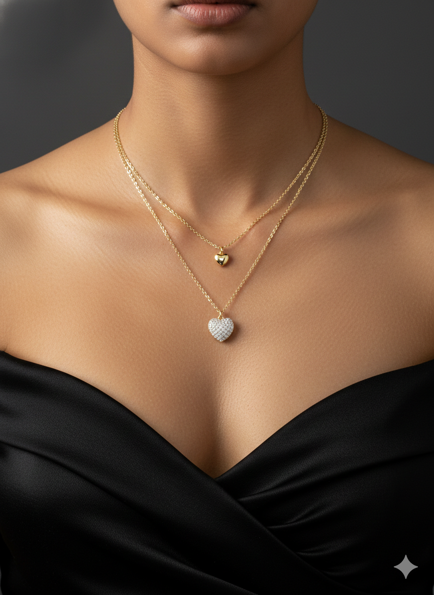 Dual Heart Pendant Layered Necklace in Gold Finish