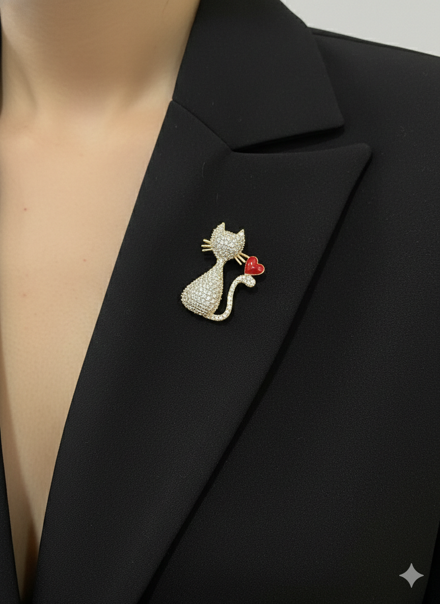 Cat Heart Crystal Brooch Pin for Women