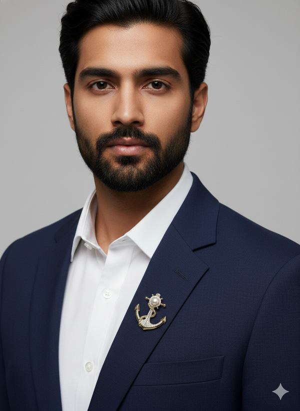 Anchor Pearl Brooch for Men – Gold & White Accent