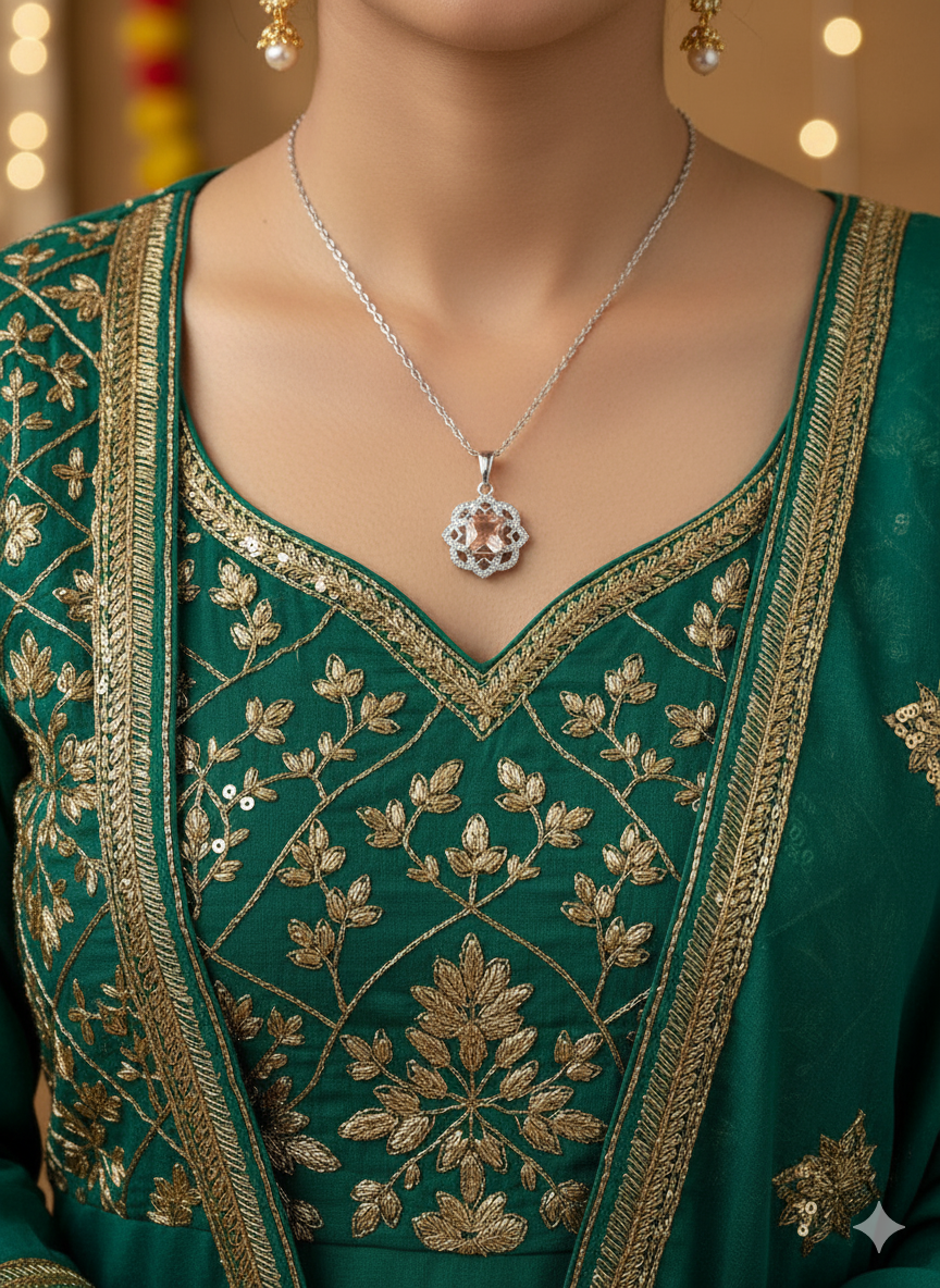 Elegant Floral Crystal Pendant Necklace & Earring Set