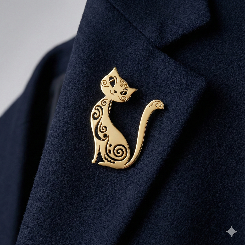 Gold-Plated Cat Brooch with Spiral Detailing
