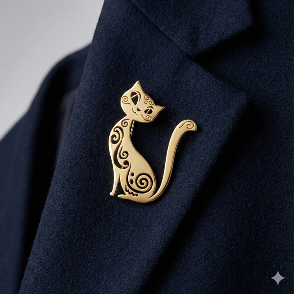 Gold-Plated Cat Brooch with Spiral Detailing
