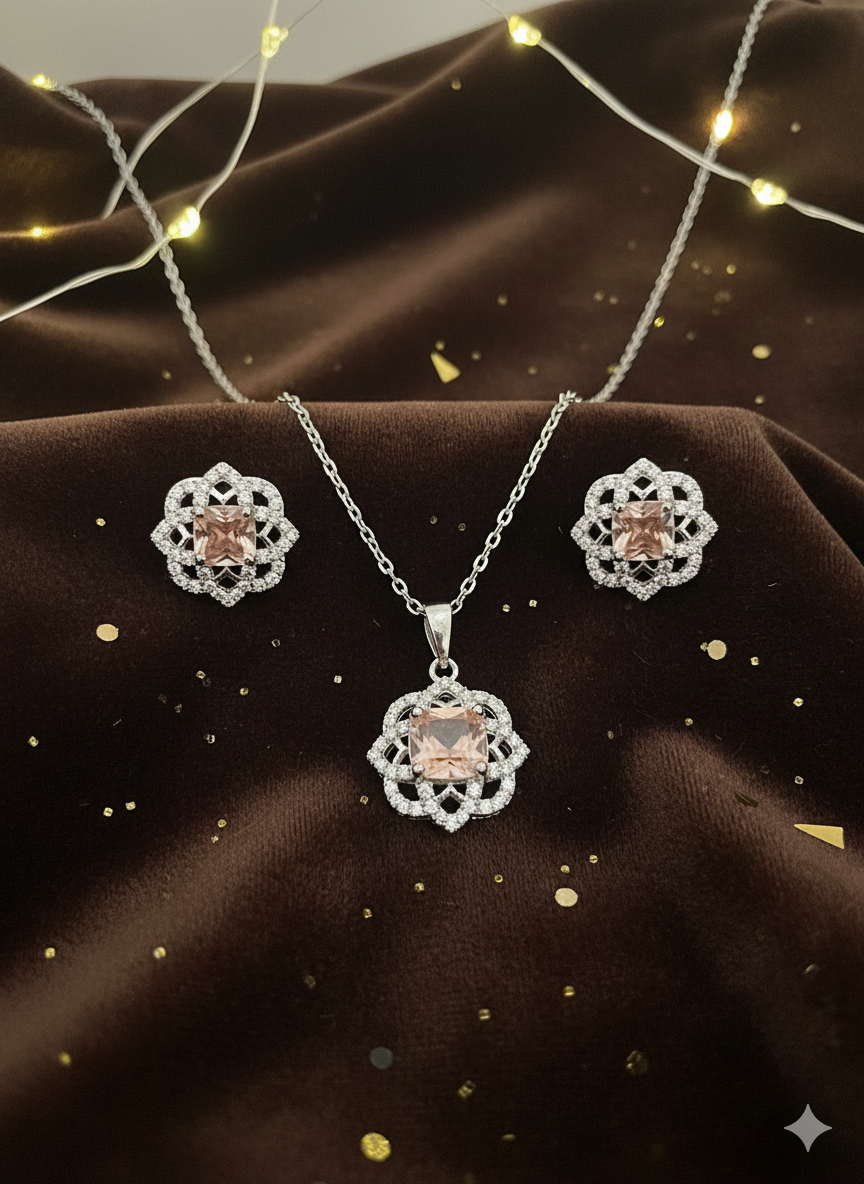 Elegant Floral Crystal Pendant Necklace & Earring Set