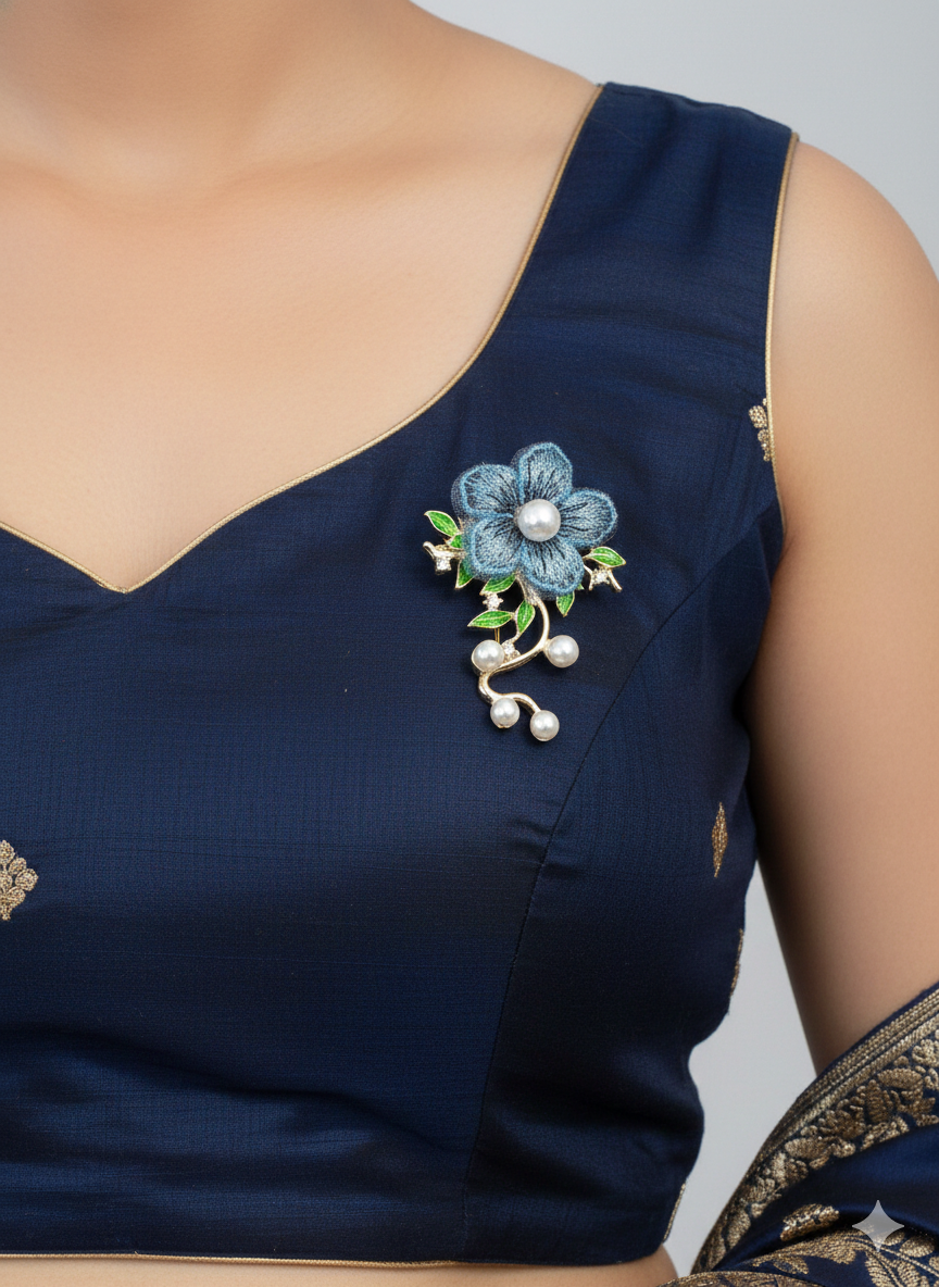 Blue Bloom Pearl Floral Brooch in Metal