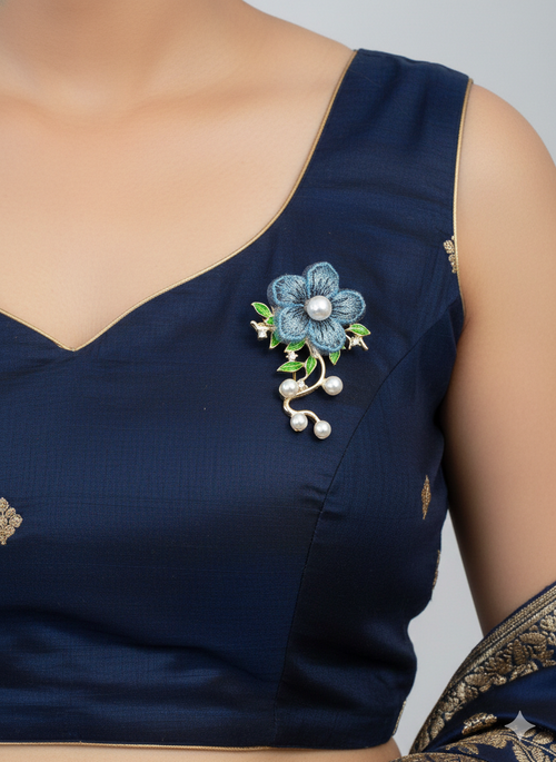 Blue Bloom Pearl Floral Brooch