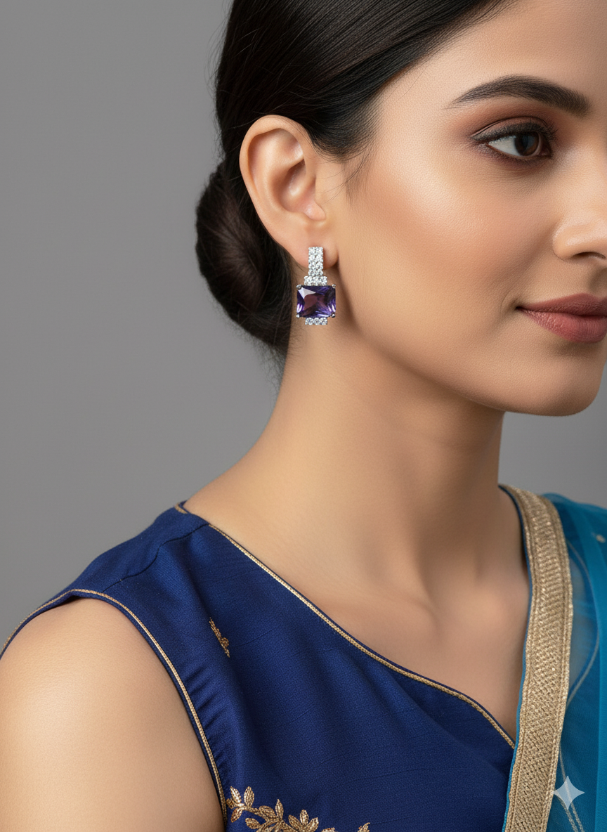 Purple rectangle diamond set with silver necklace