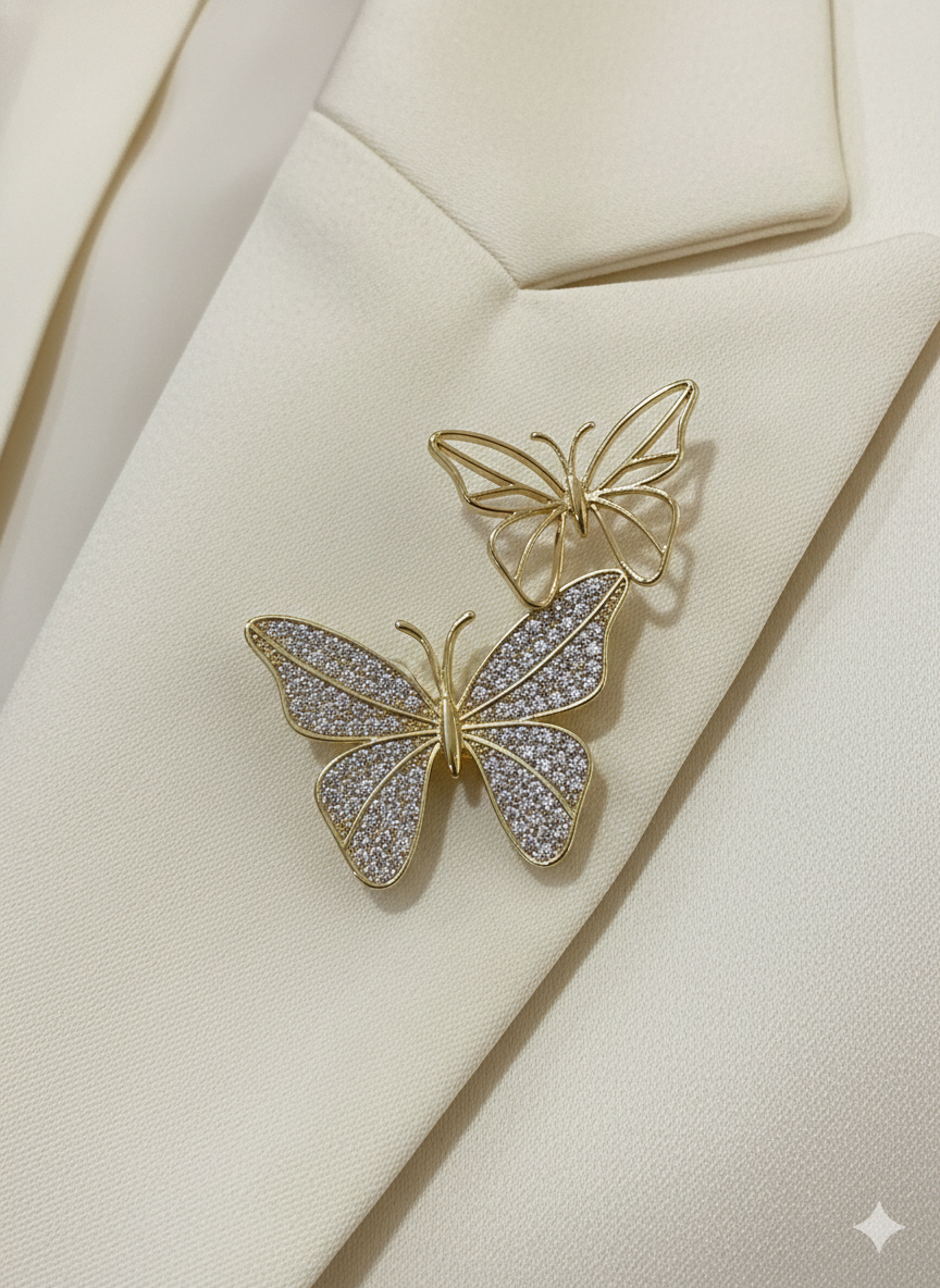 Gold Dual Butterfly Crystal Brooch Pin