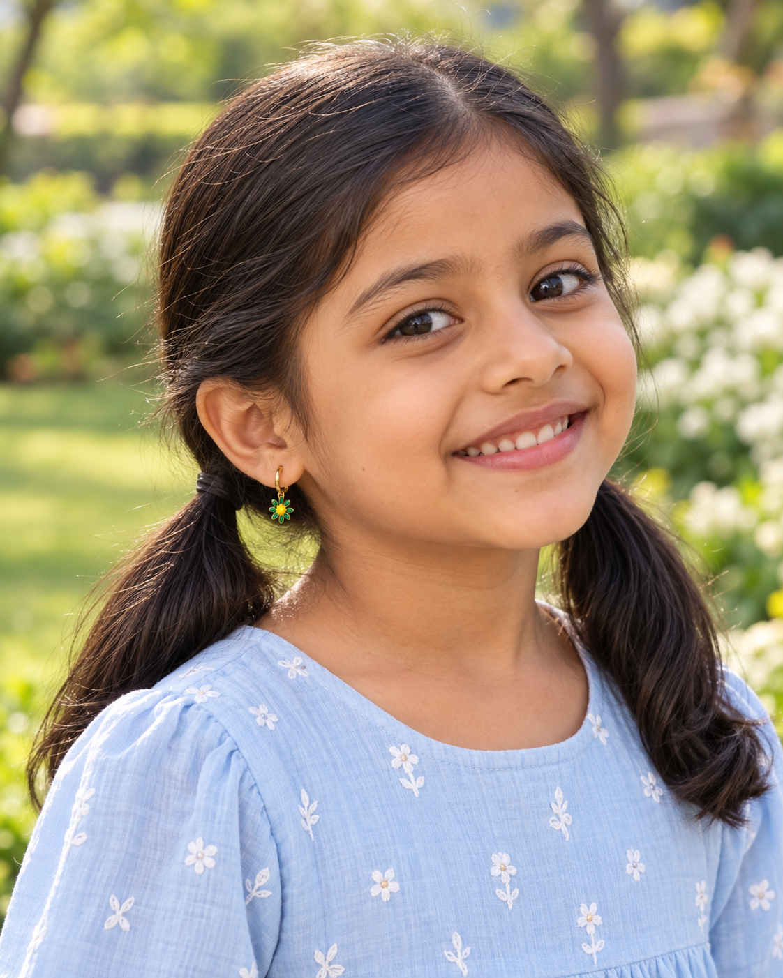 Green Daisy Hoops in Gold Tone - Styled View