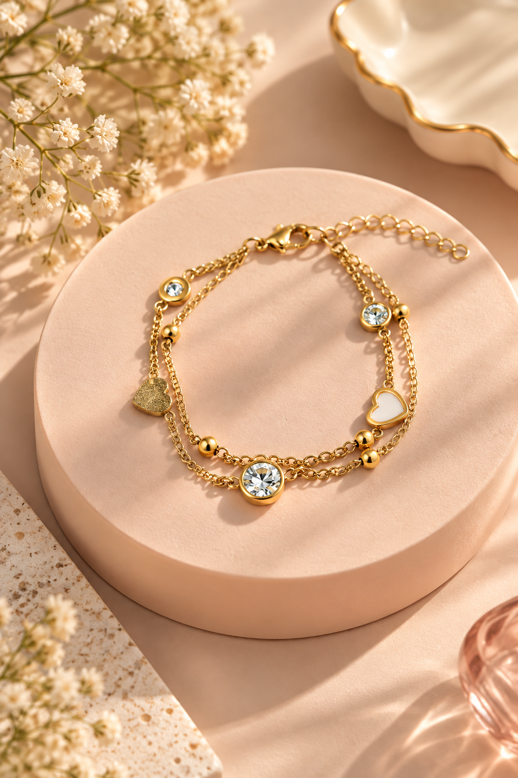 Gold Chain Bracelet with Stud Accents & Dual Charms