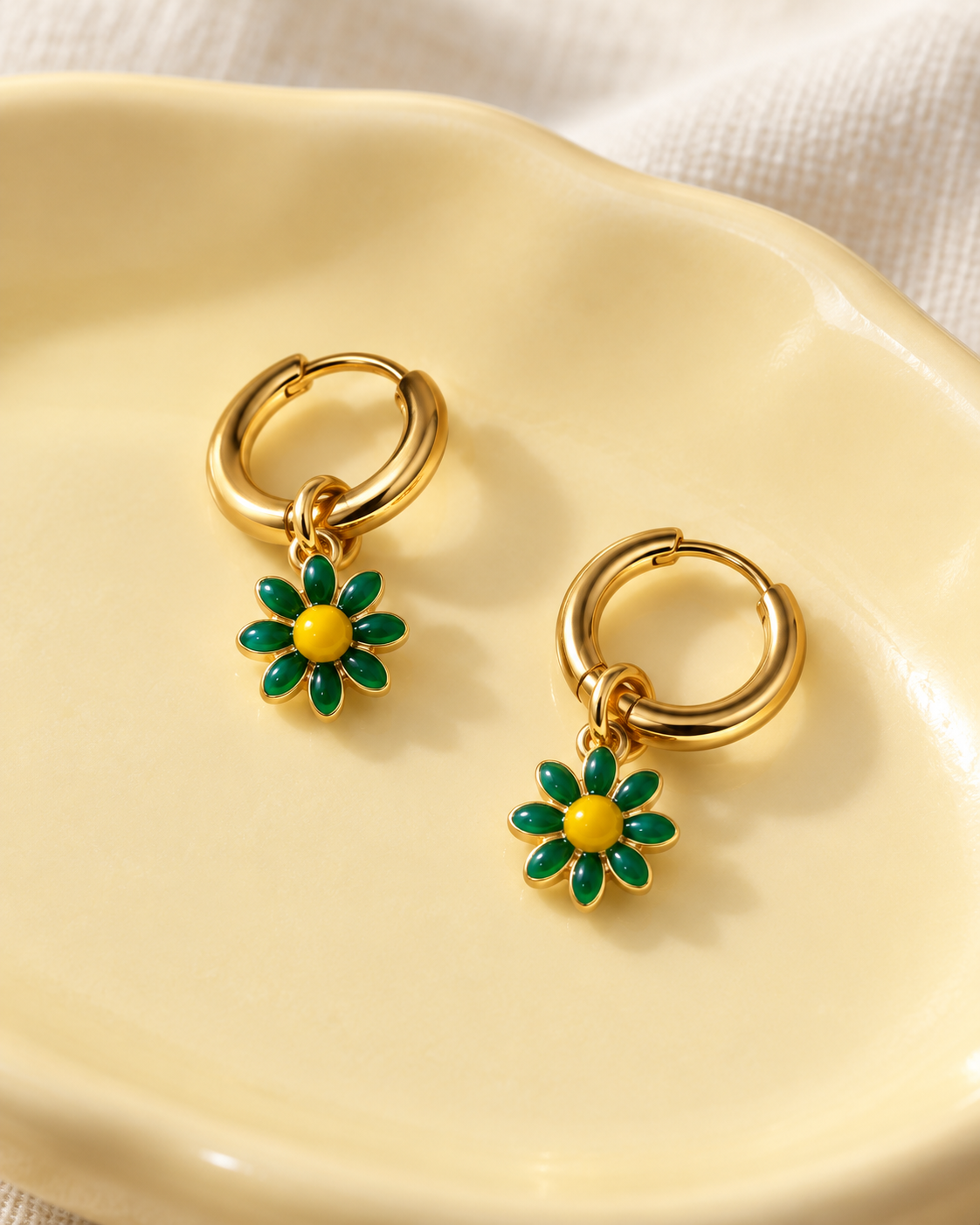 Green Daisy Hoops in Gold Tone