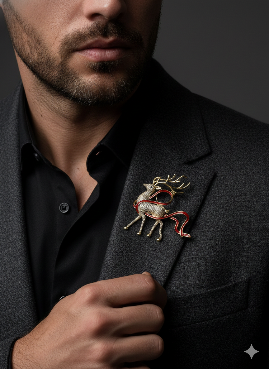 Gold stag statement brooch with red enamel styled on a men’s blazer