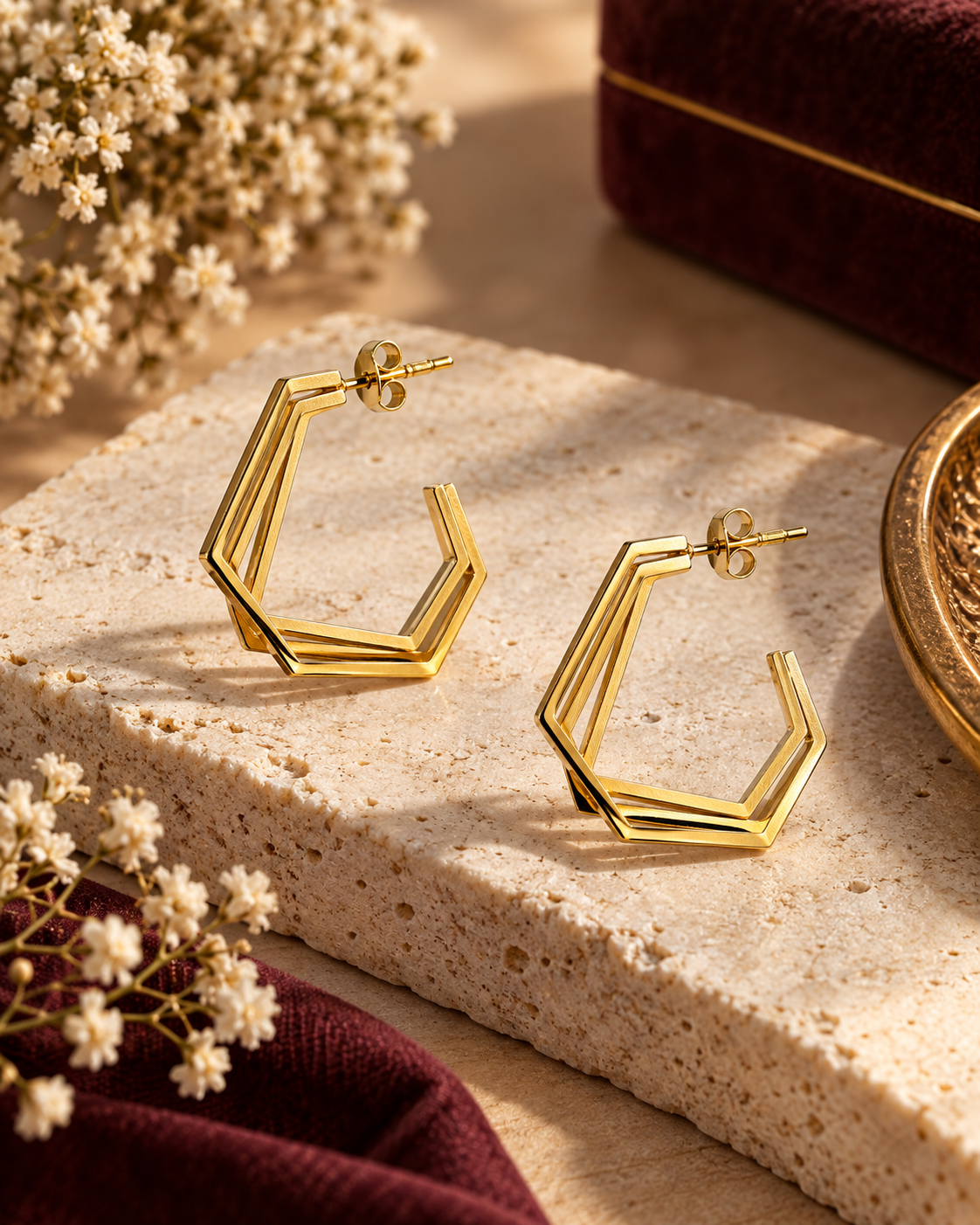 Hexa Edge Earrings in Gold Tone