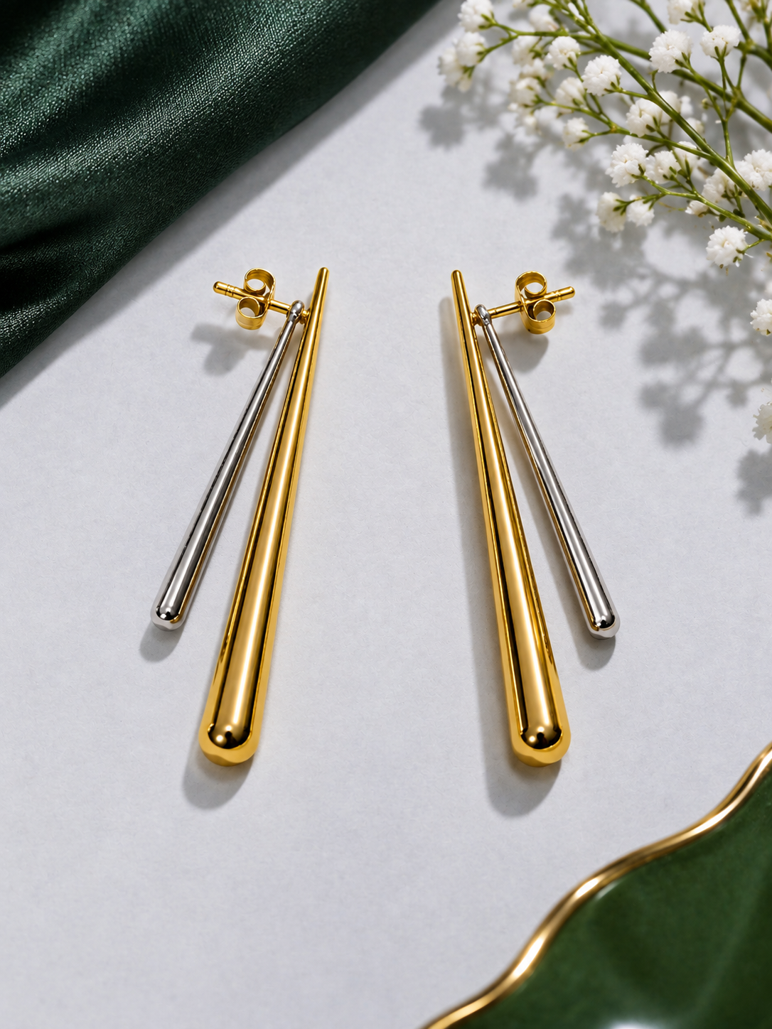 Two-Tone Stiletto Earrings in Gold and Silver Tone