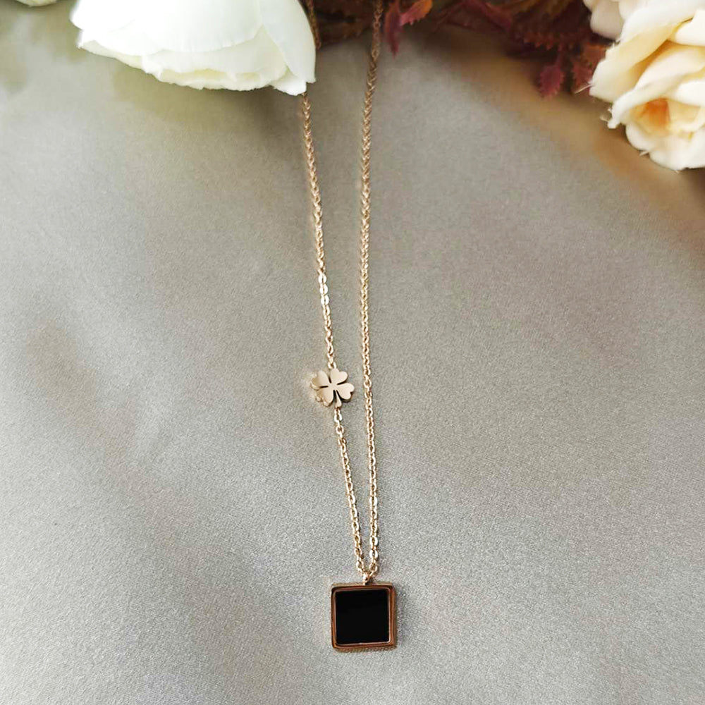 Rose Gold Plated Necklace with Black Square & Clover Pendant