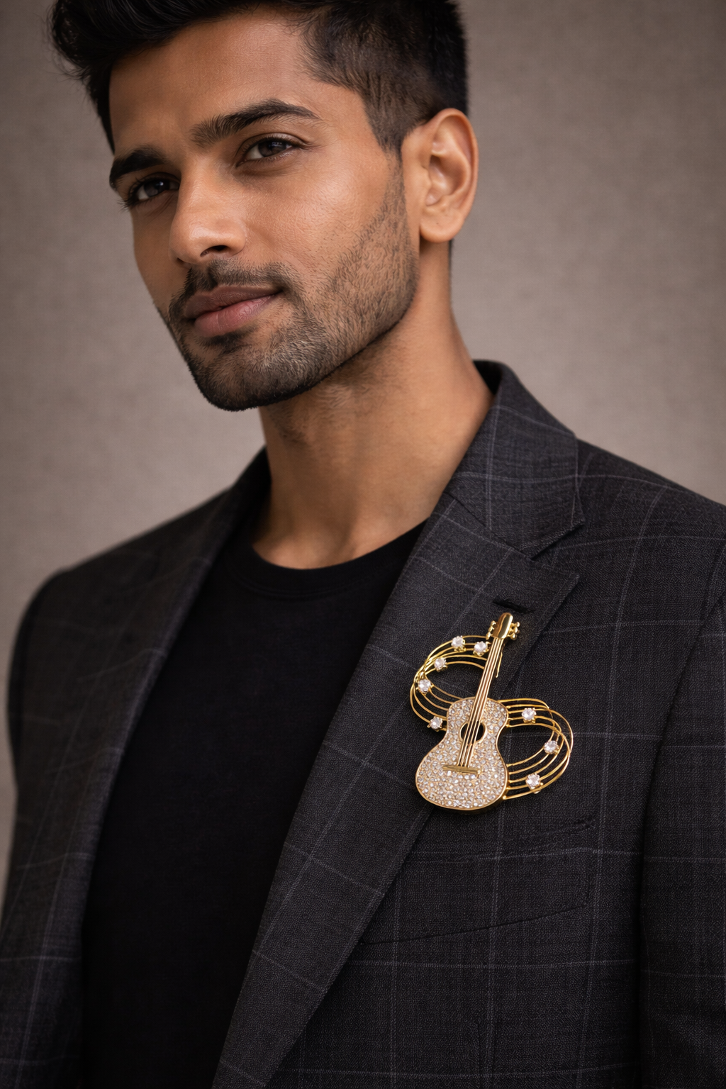 Gold Guitar Crystal Brooch