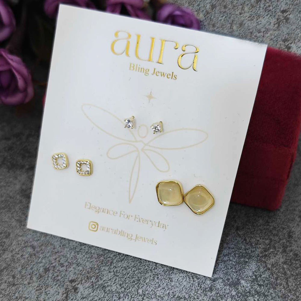 Gold-Plated Square Stud Earrings Combo (Pack of 3)