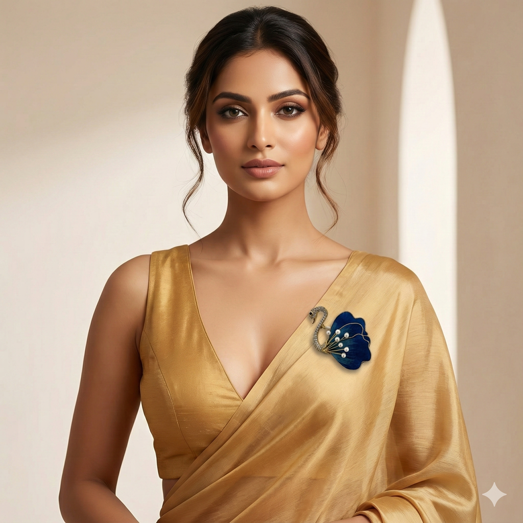 Woman wearing a gold saree styled with a blue swan threadwork and fabric brooch with pearl detailing on the shoulder.