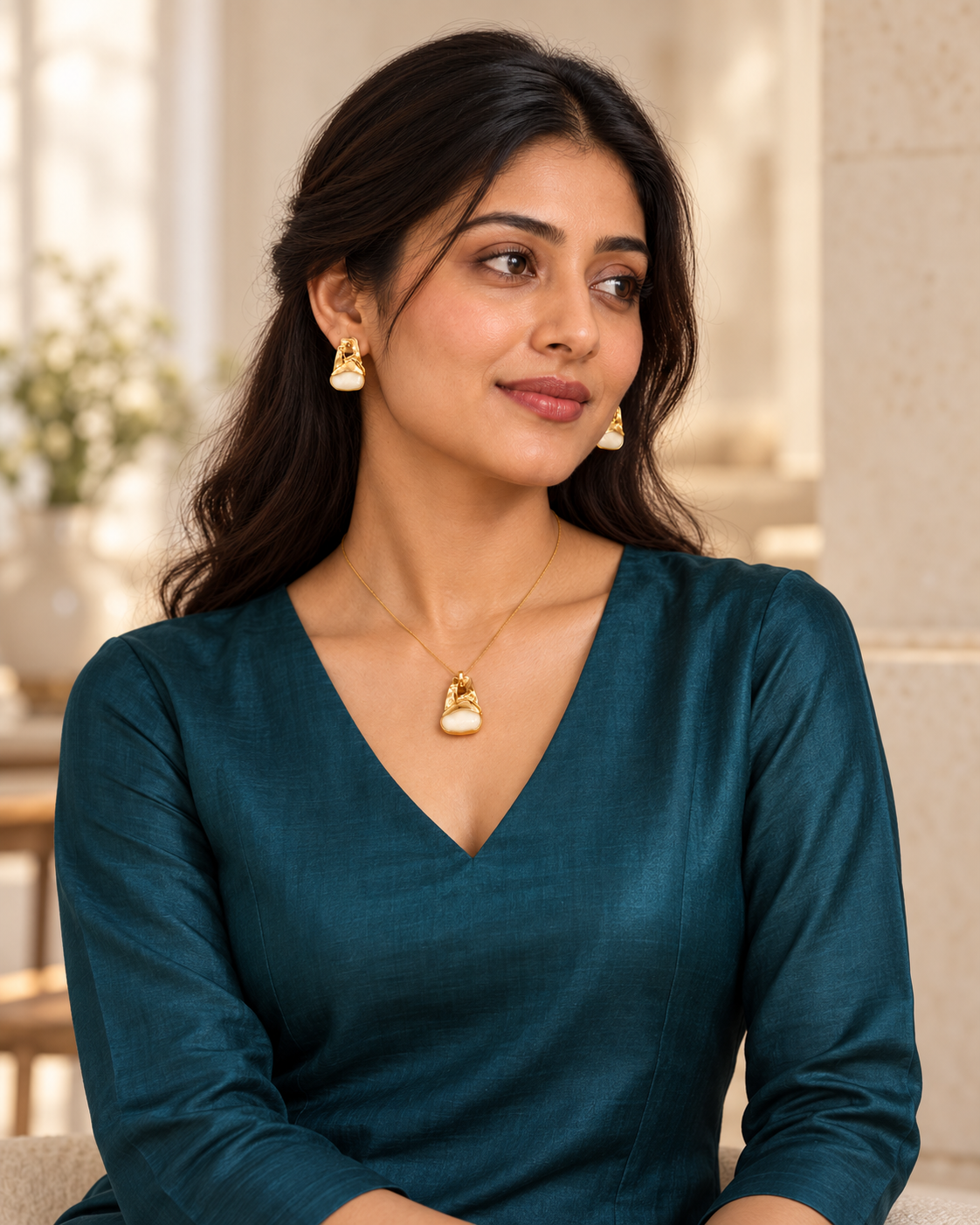 Soft Stone Necklace Set in Metal - Styled View