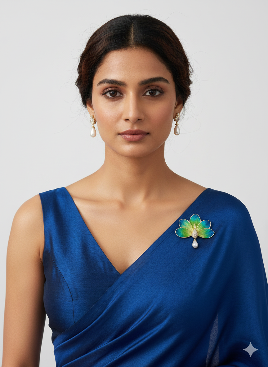 Model wearing a blue saree with a green-blue threadwork and fabric peacock bloom brooch with pearl drop