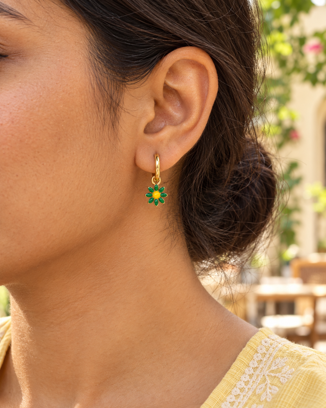 Green Daisy Hoops in Gold Tone - Styled View