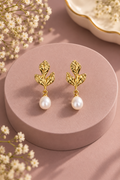 Botanical Grace Earrings with gold-tone leaves and pearl-like drops