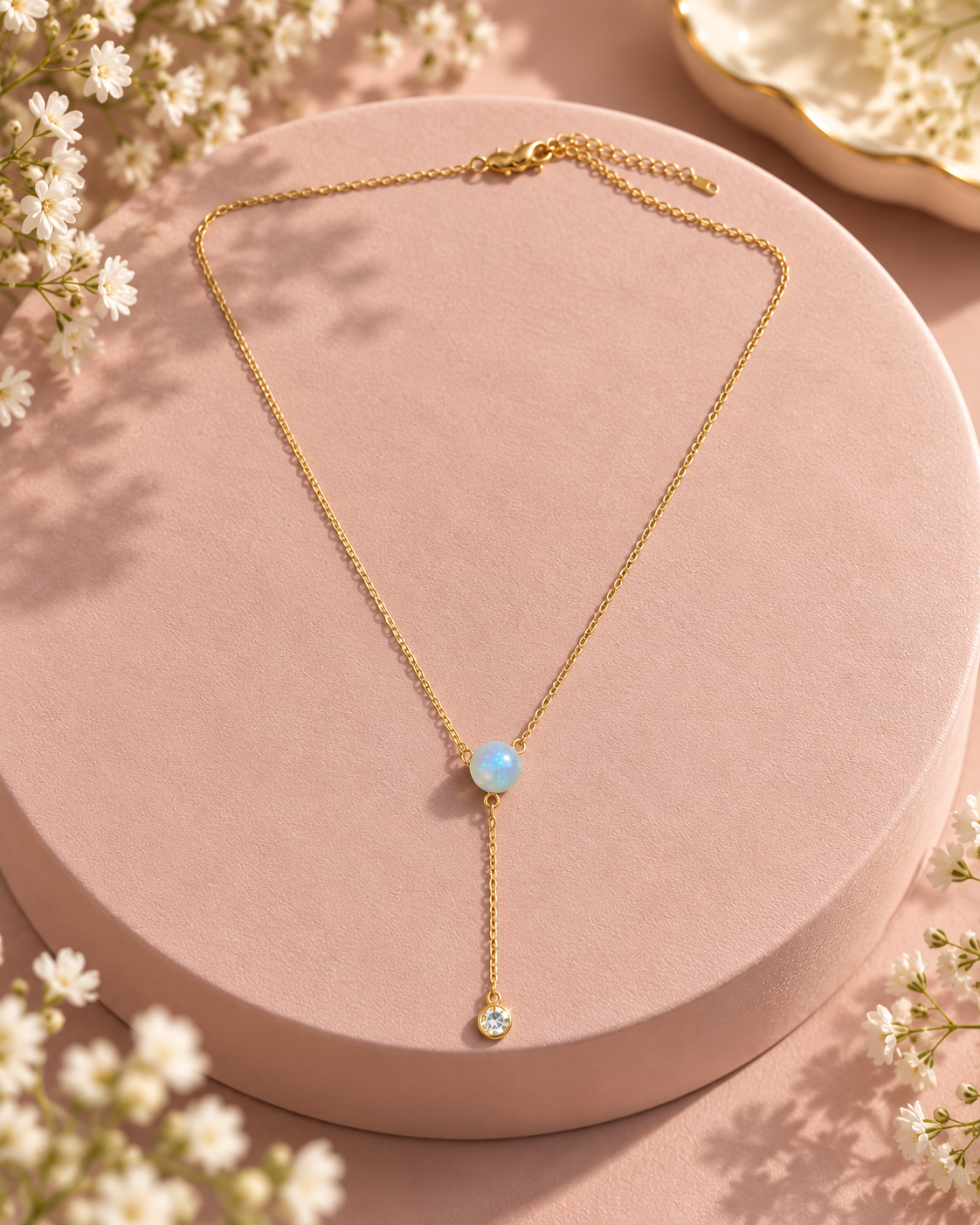 Celeste Lariat Necklace with iridescent bead and crystal drop on a blush display