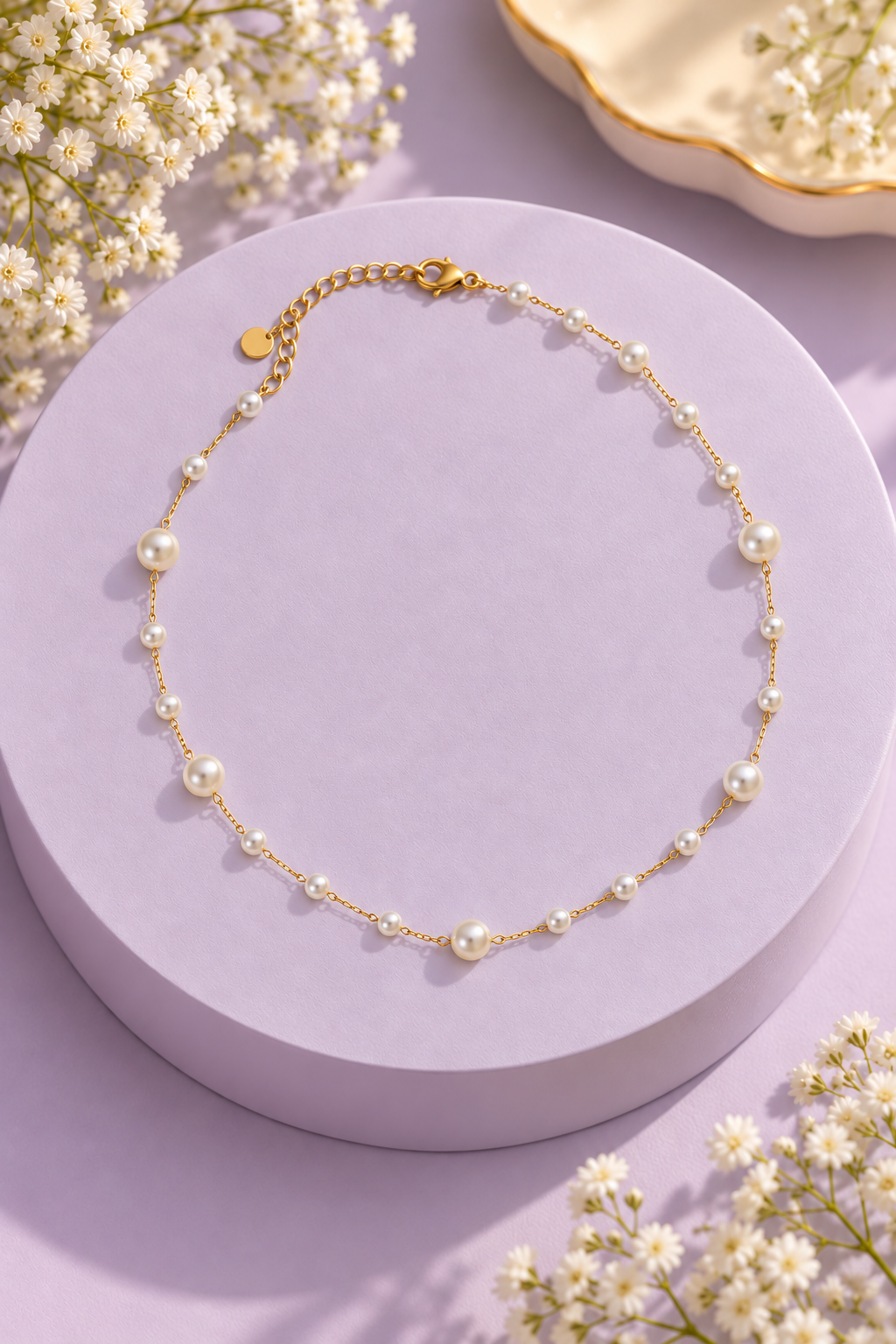Ivory Bloom Necklace with gold-tone chain and white pearl-like station beads