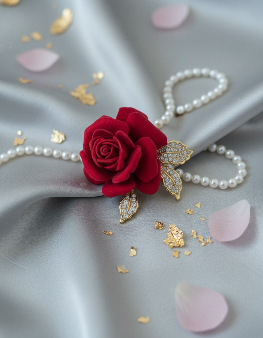 Red Rose Crystal Leaf Brooch