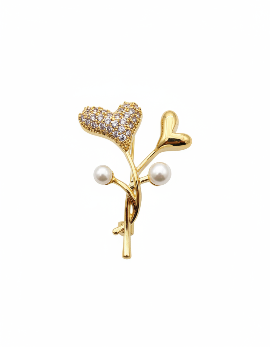 Double Heart Pearl Statement Brooch